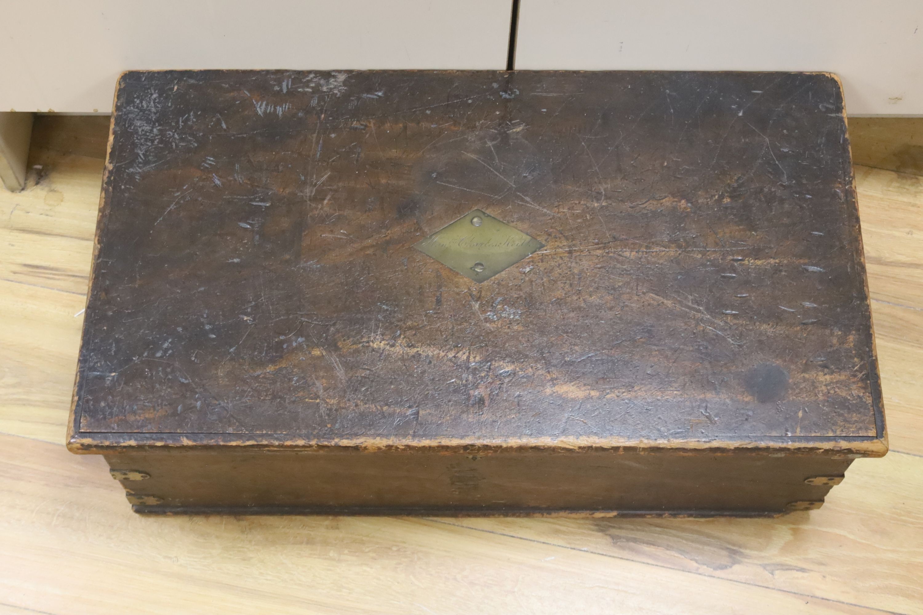 A 19th century brass bound mahogany rectangular box, insert brass plaque engraved Hon Charles Keith 67cm